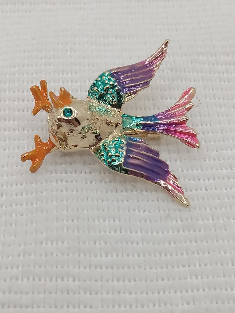 Colorful Enamel Bird Brooch Pin Gold Tone Rhinestone Eye Purple Pink Teal